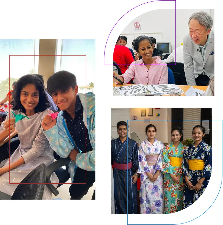 LNBTI students participating in Japanese cultural activities, wearing traditional attire, and interacting with Japanese instructors as part of the university’s cultural immersion program.
